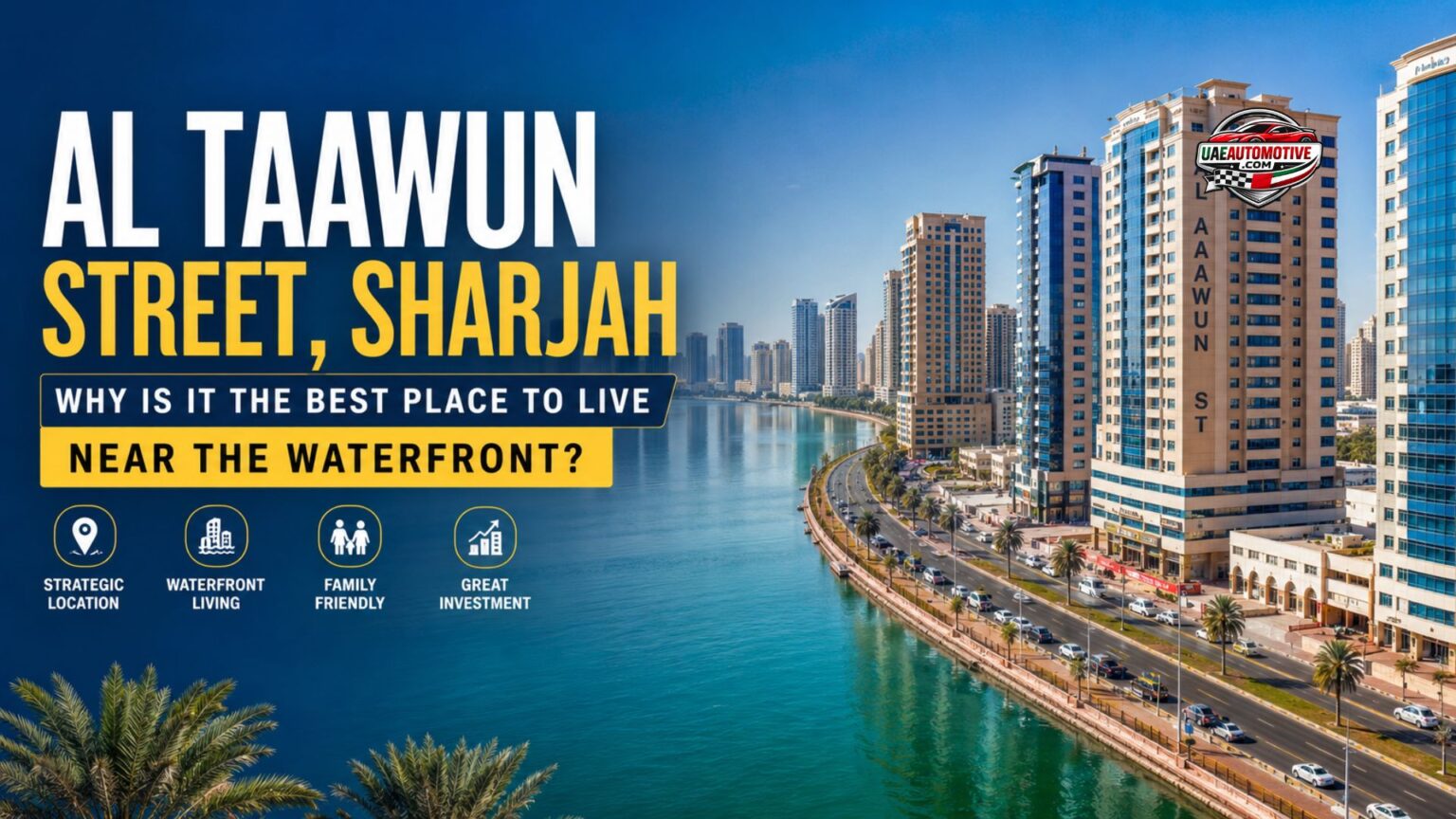 Al Taawun Street Sharjah: Why is it the Best Place? Al Taawun Street Sharjah waterfront skyline featuring modern residential towers, lagoon views, palm-lined roads, and urban living near Dubai.