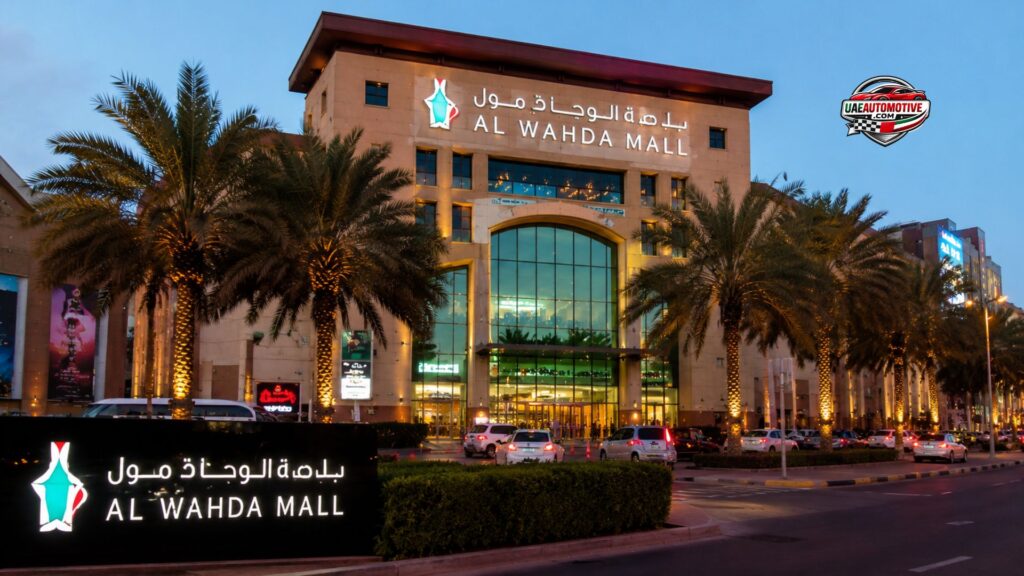 Realistic evening view of Al Wahda Mall Abu Dhabi with illuminated entrance, palm trees, and busy street traffic in a modern 16:9 cityscape image.