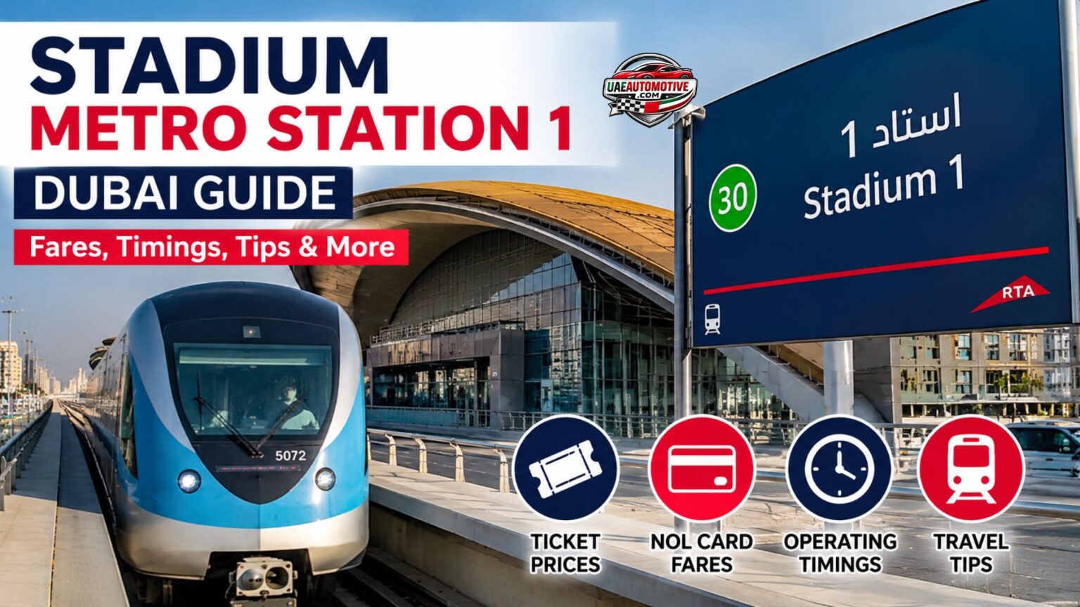 Stadium Metro Station 1 Dubai: Routes, Nearby Attractions, Crowd Tips, and What Regular Dubai Metro Users Know Feature image of Stadium Metro Station 1 Dubai showing a Dubai Metro train, station signage, and travel guide details including ticket prices, Nol Card fares, operating timings, and commuter tips.