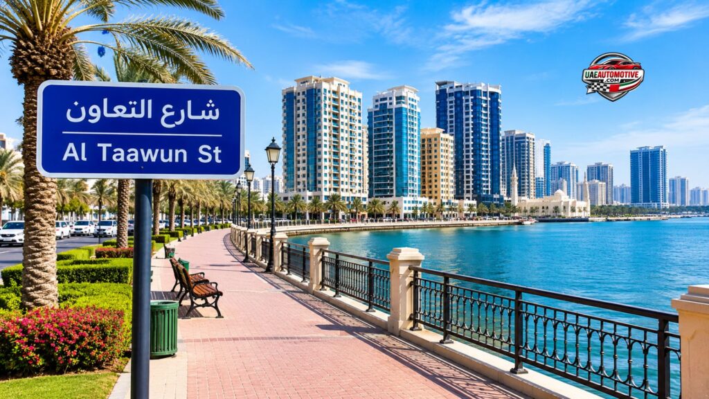 Al Taawun Street Sharjah waterfront promenade with modern high-rise residential towers, palm trees, lagoon views, and a scenic pedestrian walkway on a bright sunny day.