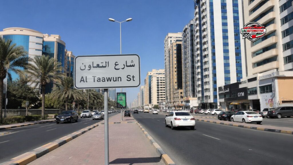 Realistic daytime view of Al Taawun Street Sharjah featuring modern residential towers, wide roads, palm trees, and a vibrant urban waterfront atmosphere.