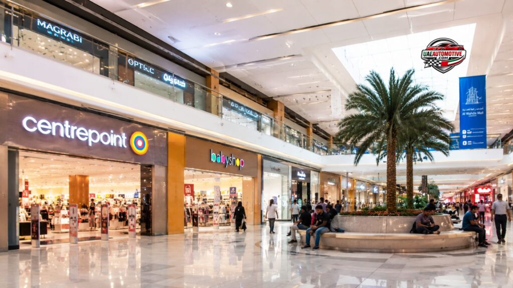 Wide-angle interior view of Al Wahda Mall Abu Dhabi with modern seating area, bright storefronts, glass ceiling, and shoppers walking through a realistic 16:9 mall scene.
