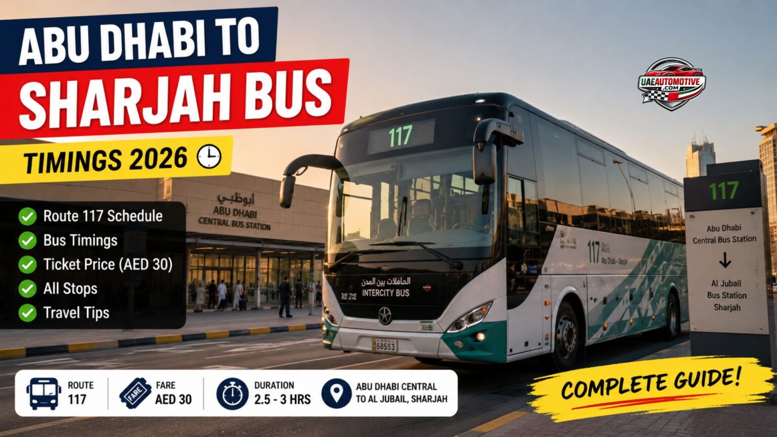 Abu Dhabi to Sharjah Bus Timings: Route 117 Schedule, Fare, Stops, Travel Time & Complete Guide Route 117 intercity bus traveling from Abu Dhabi to Sharjah on a UAE highway during sunset.