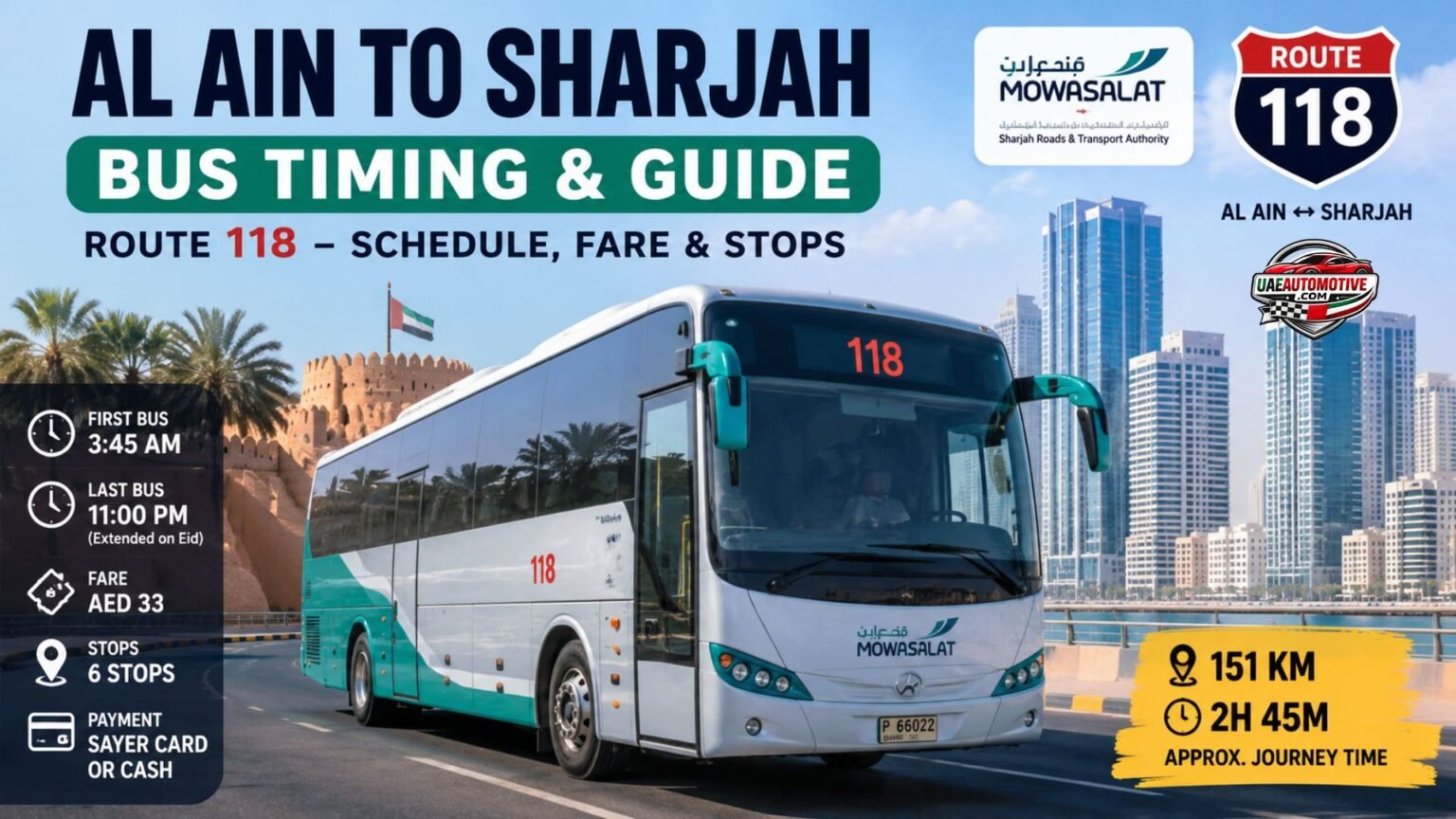 Mowasalat Bus 118 traveling from Al Ain to Sharjah with Al Ain Fort and Sharjah skyline, highlighting route timing, fare, stops, and journey details.