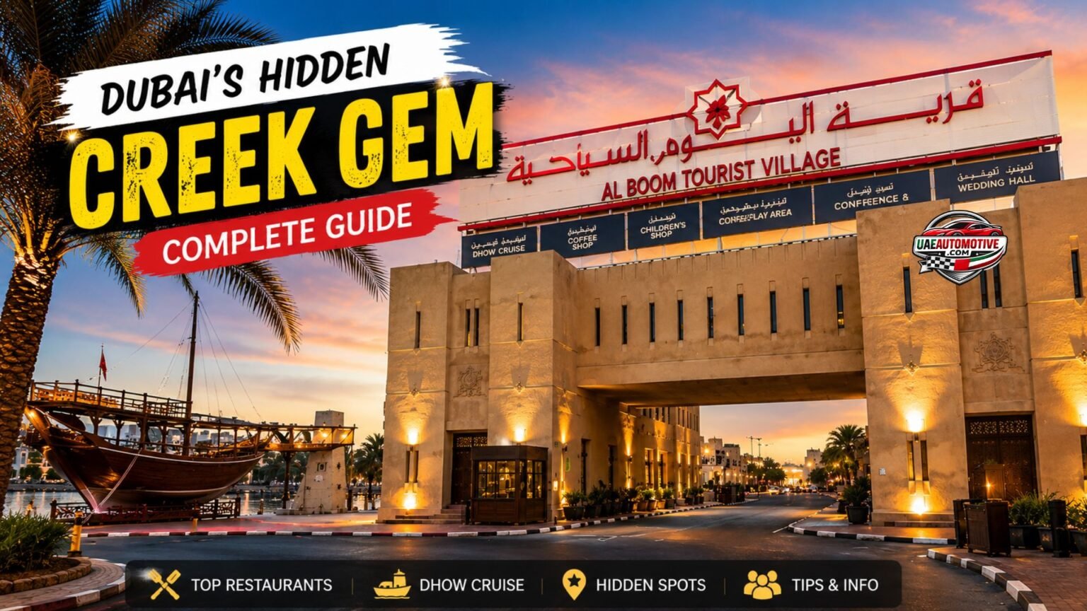 Al Boom Tourist Village Dubai: The Honest, Complete Guide (What Most Visitors Never Find Out) Feature image of Al Boom Tourist Village Dubai entrance at sunset with a traditional dhow, palm trees, waterfront views, and heritage-inspired architecture.