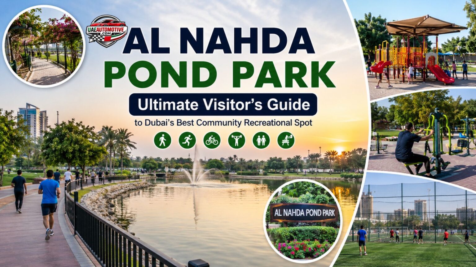Al Nahda Pond Park: Ultimate Visitor’s Guide to Dubai’s Best Community Recreational Spot Promotional feature banner of Al Nahda Pond Park in Dubai showing a scenic pond, jogging track, playground, fitness areas, and sports courts with sunset lighting and urban skyline background.