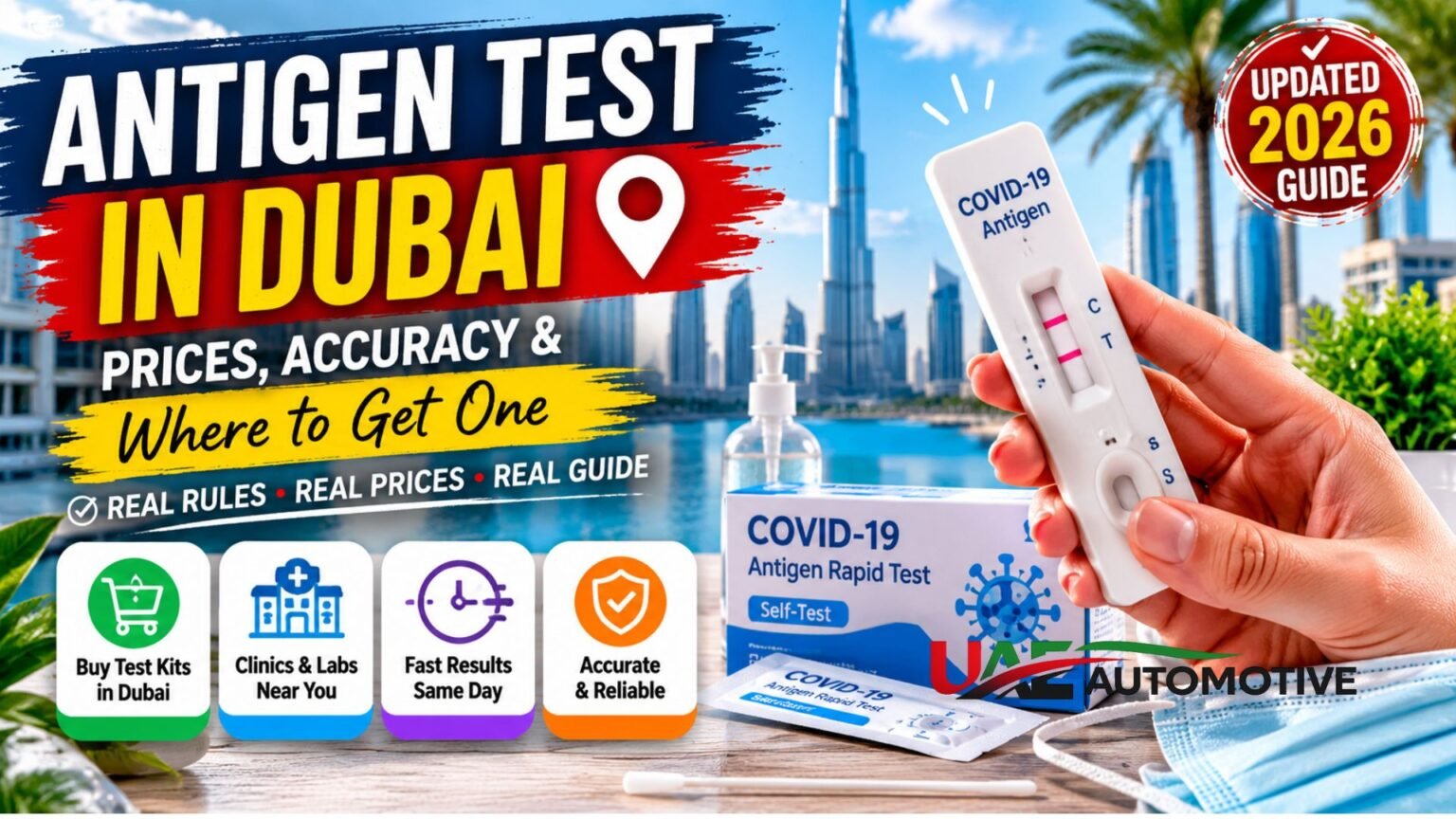 Hand holding a COVID-19 Antigen Test in Dubai rapid test kit with the Dubai skyline in the background, illustrating antigen test prices, accuracy, and testing options in Dubai.