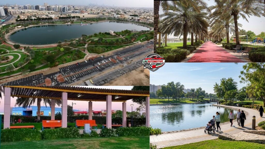 Collage of Al Nahda Pond Park in Dubai featuring an aerial view of the oval-shaped lake, a palm-lined jogging and cycling track, a shaded seating pavilion, and families walking along the waterfront surrounded by green lawns and landscaped gardens.