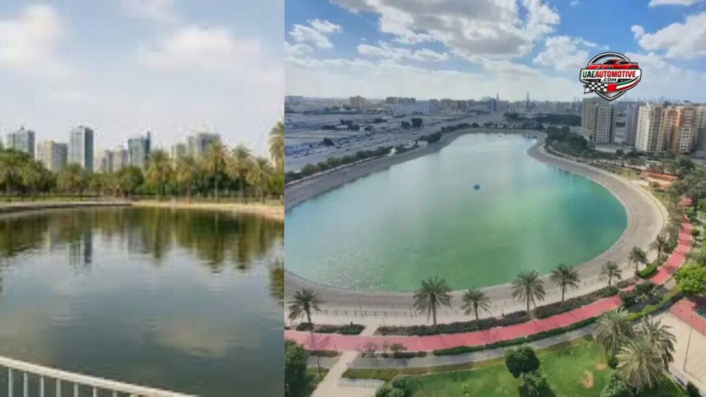 Comparison of Al Nahda Pond Park in Dubai showing a ground-level view of the lake with city skyline on the left and an aerial view highlighting the oval-shaped pond, walking track, palm trees, and surrounding residential buildings on the right.