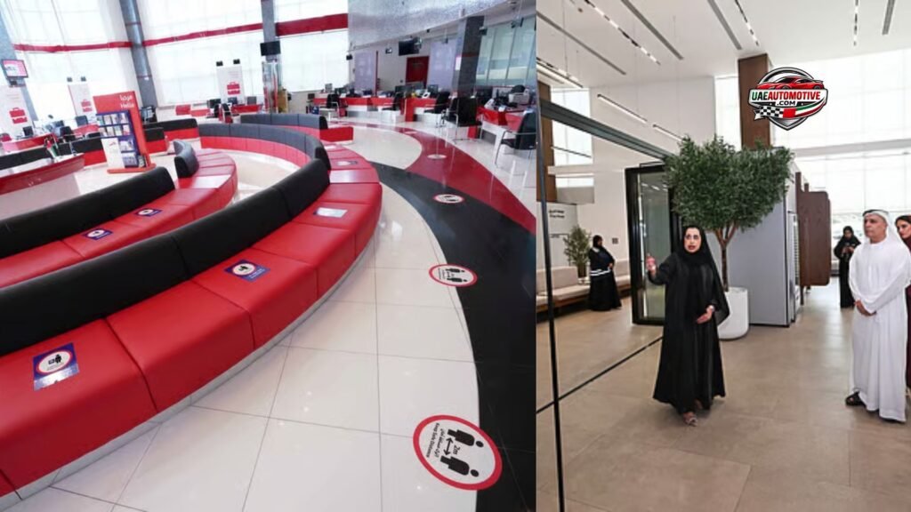 Interior view of the RTA Happiness Center Al Barsha showing the modern customer waiting area, digital service counters, and spacious reception designed for efficient public services.