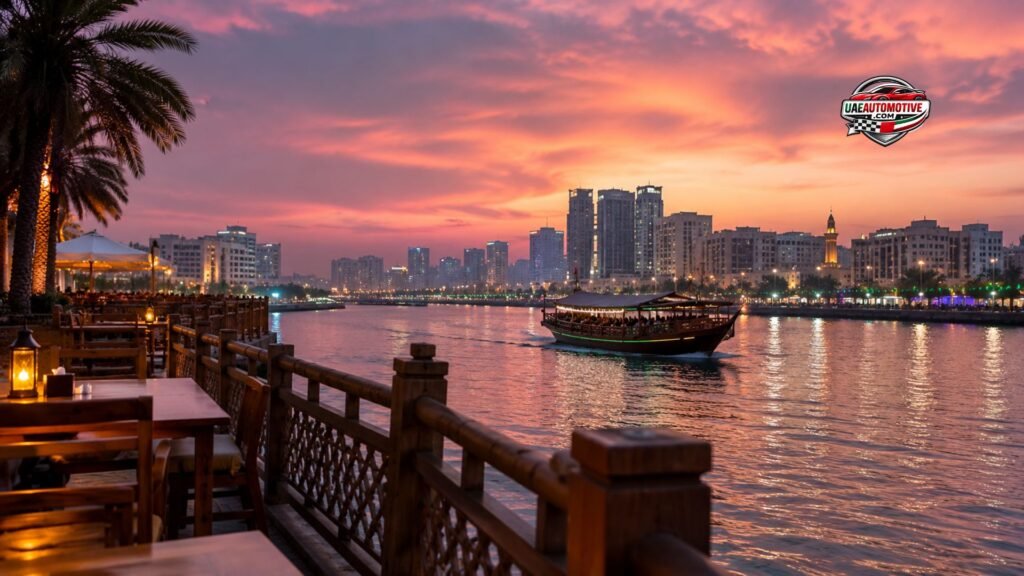 Waterfront dining terrace overlooking Dubai Creek at sunset, with a traditional dhow cruise boat, city skyline views, glowing lanterns, and reflections on the water.