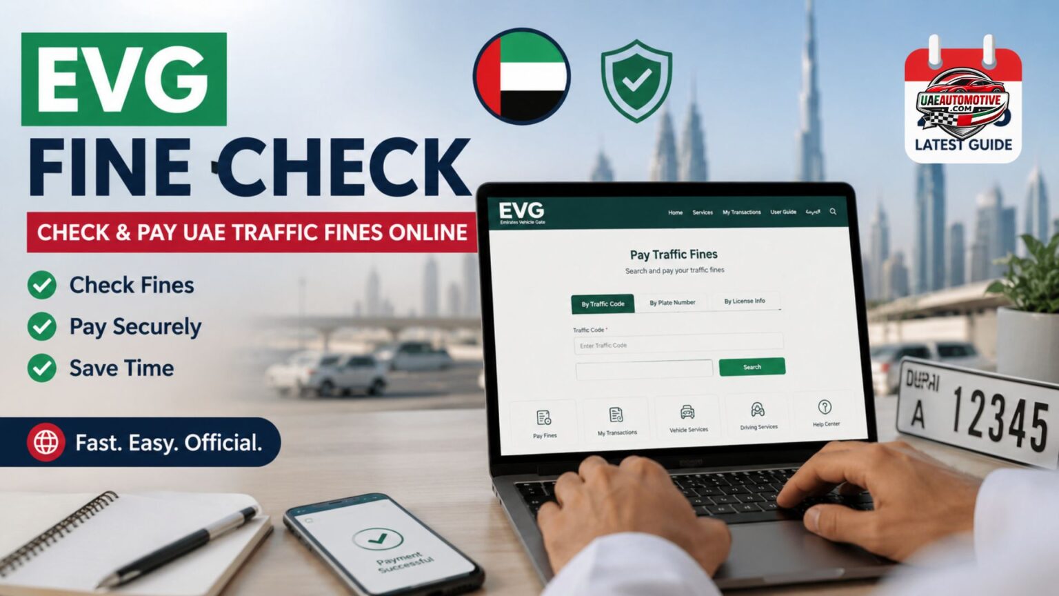 EVG Fine Check concept showing a user checking and paying UAE traffic fines online on a laptop with a Dubai skyline background.