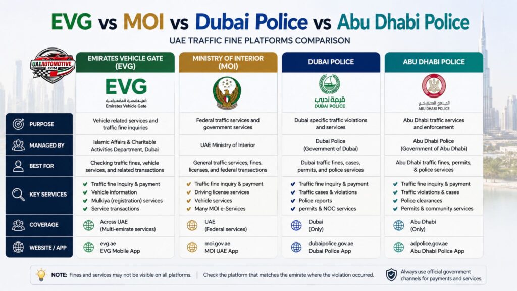 Infographic comparing EVG, MOI, Dubai Police, and Abu Dhabi Police traffic fine services in the UAE, highlighting their purposes, key features, coverage, and best use cases for motorists.