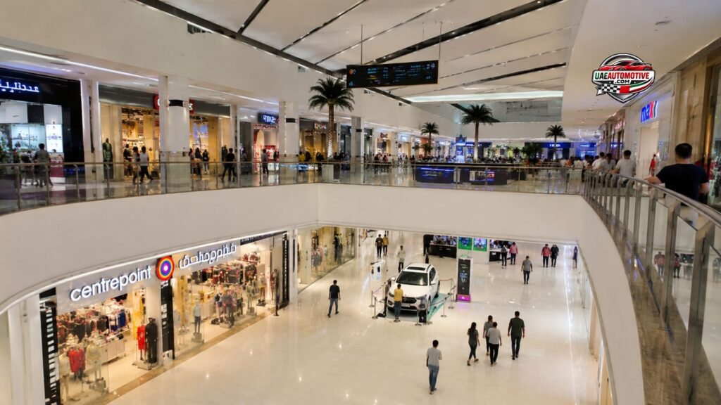 Spacious interior of Oasis Mall Dubai featuring Centrepoint, Max, modern retail stores, bright walkways, glass railings, palm trees, shoppers, and a car display in the central atrium.