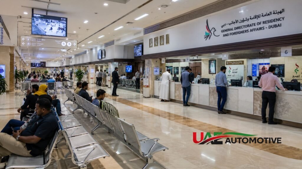 Modern interior of the Al Jafiliya Immigration Office in Dubai with visitors waiting, service counters, digital queue displays, and GDRFA customer service staff assisting applicants.