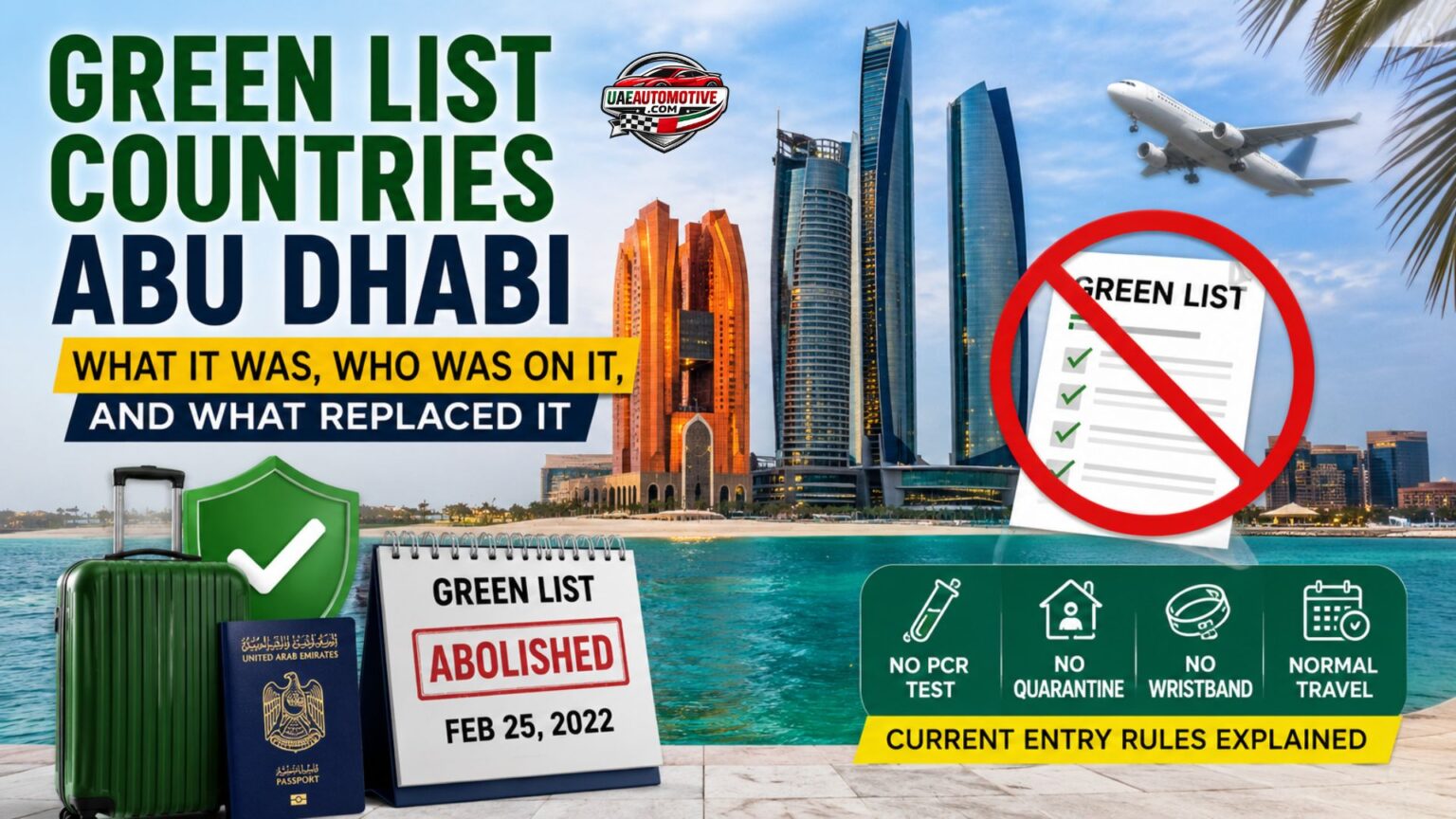 Green List Countries Abu Dhabi: The Complete Guide (What It Was, Who Was On It, and What Replaced It) Abu Dhabi Green List countries feature image showing Abu Dhabi skyline, travel passport, airplane, Green List document, and COVID travel restrictions abolished in 2022.