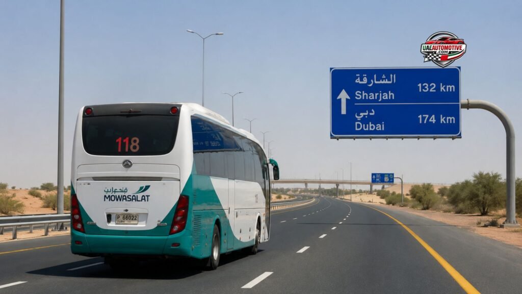 Mowasalat Bus 118 traveling on a desert highway from Al Ain to Sharjah, passing a road sign toward Sharjah under a clear blue sky.