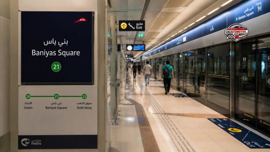 Interior of Baniyas Square Metro Station (G21) in Dubai featuring a modern Green Line platform with bilingual station signage, platform screen doors, tactile paving, digital information displays, and passengers walking through the underground station.