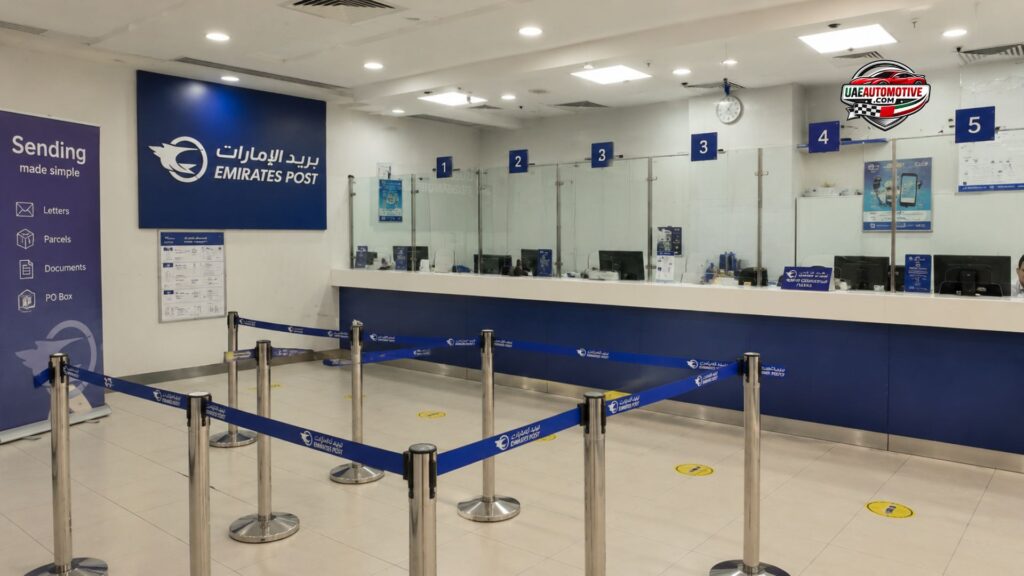 Interior of Al Butain Post Office Abu Dhabi showing customer service counters, queue management barriers, Emirates Post branding, and a clean modern postal service area.