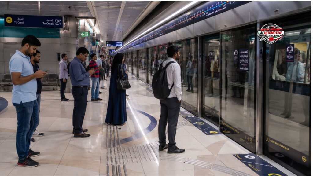 People waiting on the platform at Al Ghubaiba Metro Station in Dubai, standing behind platform screen doors while checking phones and preparing to board the arriving Green Line train.