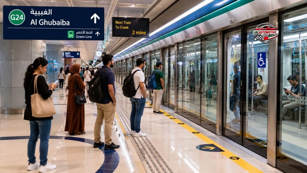 Passengers waiting for a train at Al Ghubaiba Metro Station platform in Dubai, featuring modern platform screen doors, bilingual signage, bright lighting, and accessible boarding areas.
