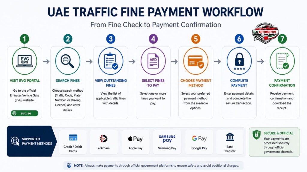 UAE traffic fine payment workflow infographic illustrating the step-by-step process from EVG fine search and review to secure online payment and confirmation receipt.