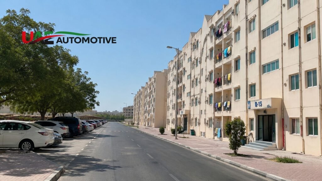 Wide view of Workers Village Mussafah showing modern worker accommodation buildings, a clean residential street, parked vehicles, and landscaped surroundings in Abu Dhabi.