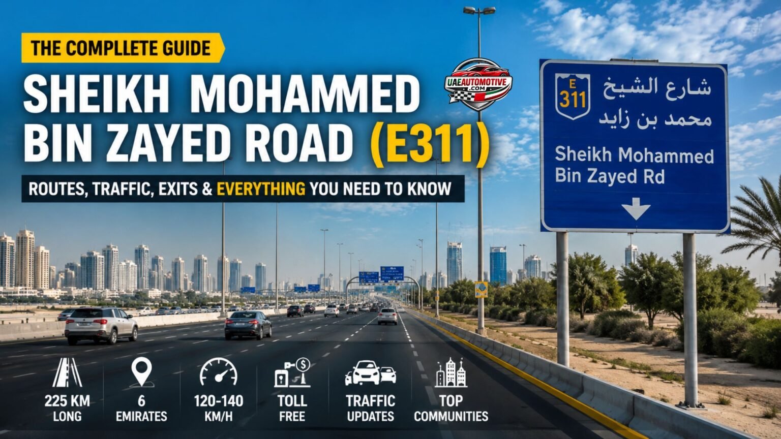 Sheikh Mohammed Bin Zayed Road (E311) highway in Dubai with traffic, road signage, city skyline, and key route information highlighted in a 2026 guide feature image.