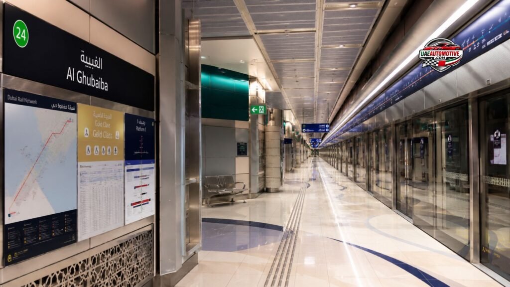 Interior view of Al Ghubaiba Metro Station in Dubai showing a modern underground platform with bilingual signage, platform screen doors, bright lighting, and clean passenger facilities.