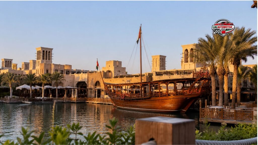 Traditional wooden dhow moored along Dubai Creek near Al Boom Tourist Village, with calm waterfront views, heritage-style architecture, palm trees, and warm evening light in Dubai, UAE.