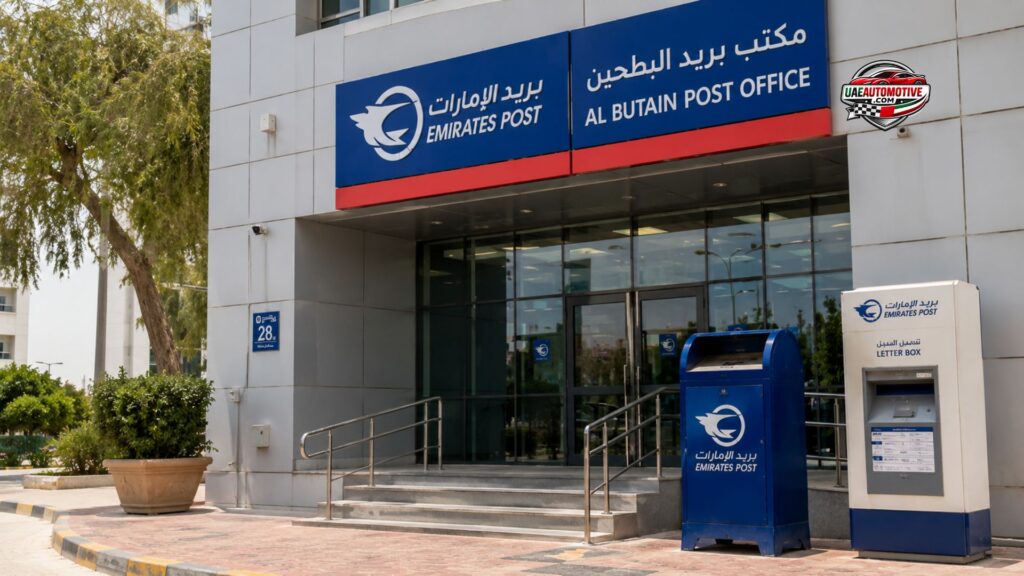 Al Butain Post Office Abu Dhabi entrance with Emirates Post signage, blue mailbox, letter collection box, and modern building exterior in Al Bateen district.