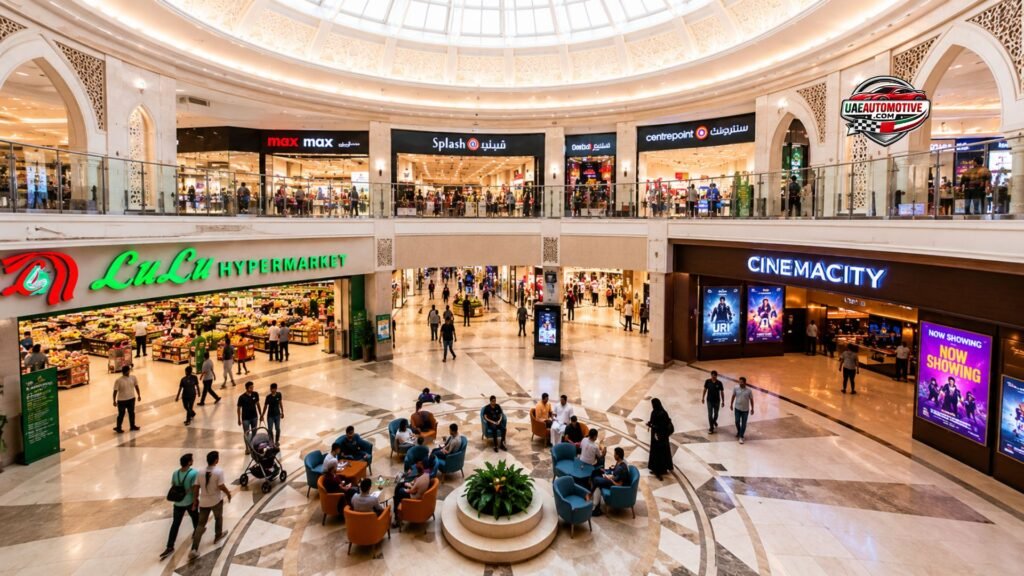 Spacious interior of LuLu Arabian Center Dubai featuring LuLu Hypermarket, CinemaCity, popular retail stores, elegant Arabesque architecture, and families enjoying a modern shopping and entertainment experience.