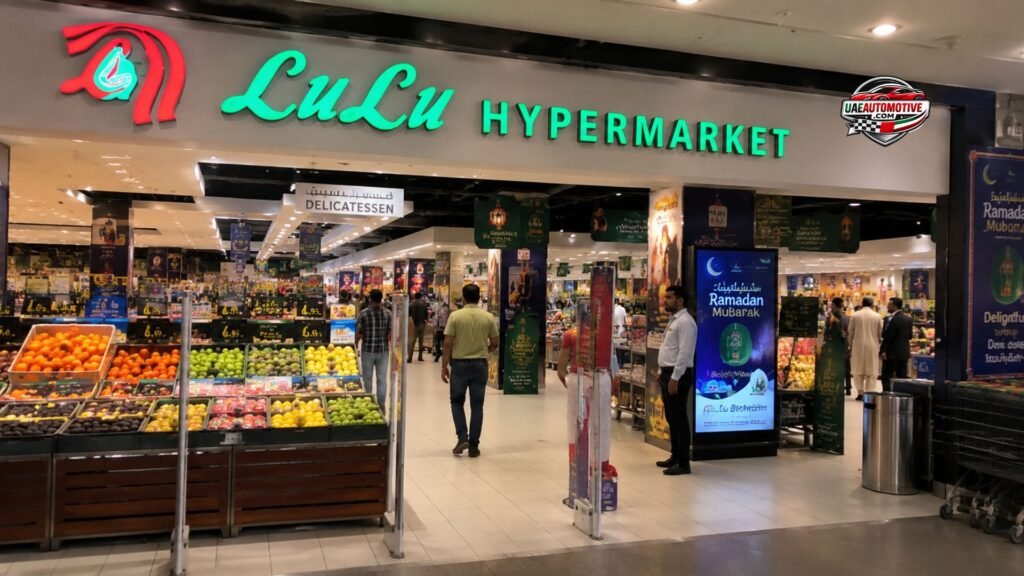 Shoppers entering LuLu Hypermarket at Arabian Center Dubai with fresh produce displays, bright supermarket aisles, promotional offers, and a busy family-friendly shopping environment.