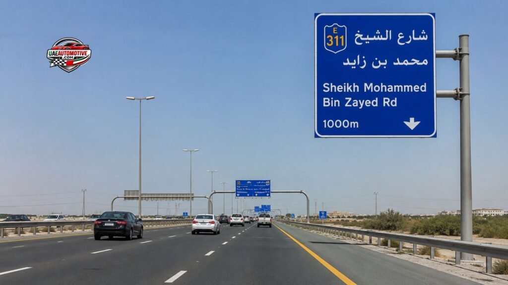 Vehicles driving on Sheikh Mohammed Bin Zayed Road (E311) in Dubai with a large highway sign, multiple lanes, and a clear desert skyline under daylight conditions.