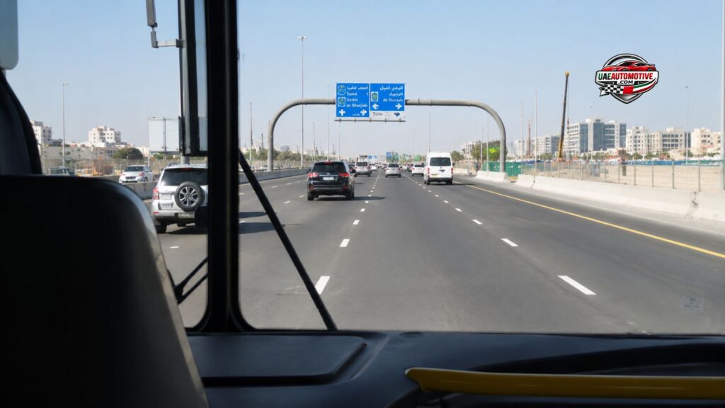 Passenger view from inside an intercity bus traveling on a UAE highway between Abu Dhabi and Sharjah during daytime.
