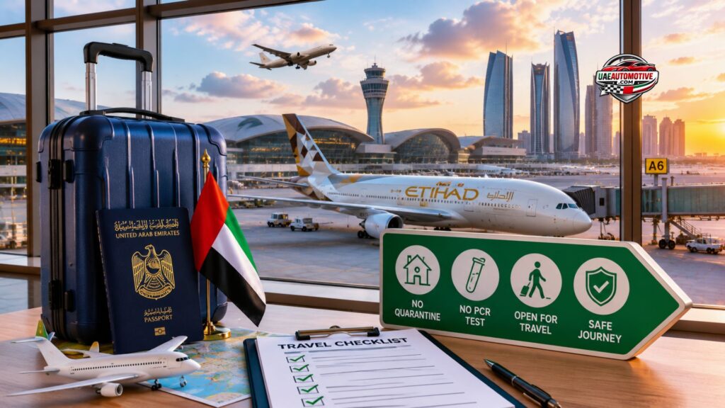 UAE travel scene at Abu Dhabi airport featuring a suitcase, UAE passport, airplane, and modern terminal, symbolizing international travel and current Abu Dhabi entry requirements.