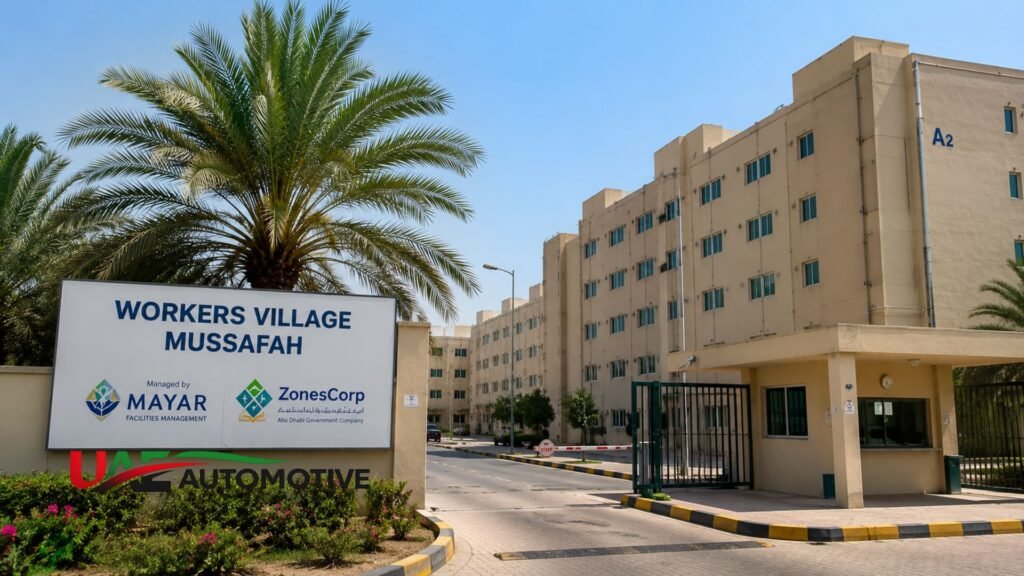 Main entrance of Workers Village Mussafah in Abu Dhabi featuring modern accommodation buildings, landscaped surroundings, palm trees, and a secure gated entrance.