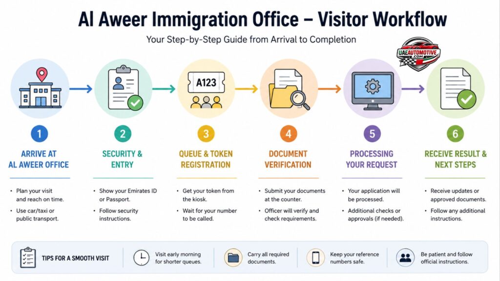 Step-by-step Al Aweer Immigration Office visitor workflow infographic showing arrival, security check, token registration, document verification, application processing, and final approval stages.
