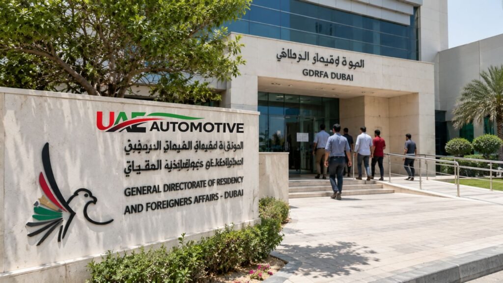 Visitors entering the Al Jafiliya Immigration Office (GDRFA Dubai) headquarters, showing the main entrance and official signage on a bright day.