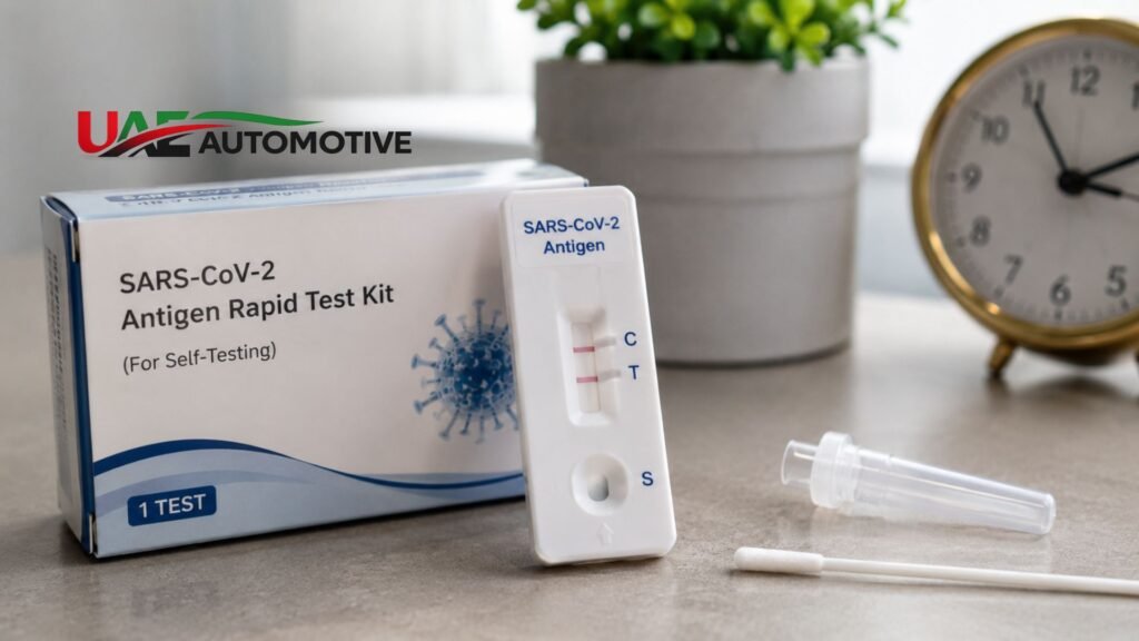 COVID-19 rapid antigen test kit with testing cassette, swab, and sample tube on a table, illustrating at-home antigen testing and rapid COVID-19 screening.