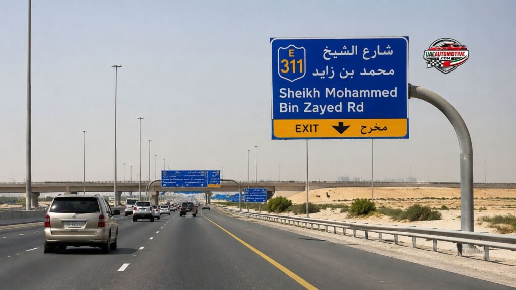 Traffic moving along Sheikh Mohammed Bin Zayed Road (E311) with a prominent highway exit sign, desert landscape, and overpass infrastructure in Dubai, UAE.