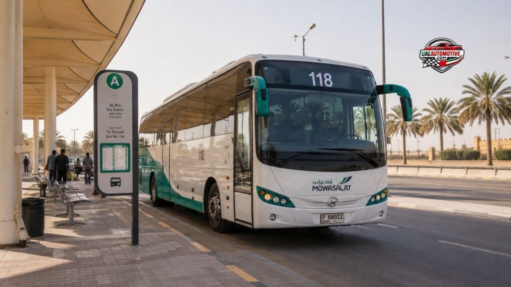 Mowasalat Bus 118 waiting at Al Ain Central Bus Station before departing to Sharjah, with passengers, palm trees, and a modern bus stop under clear daylight.