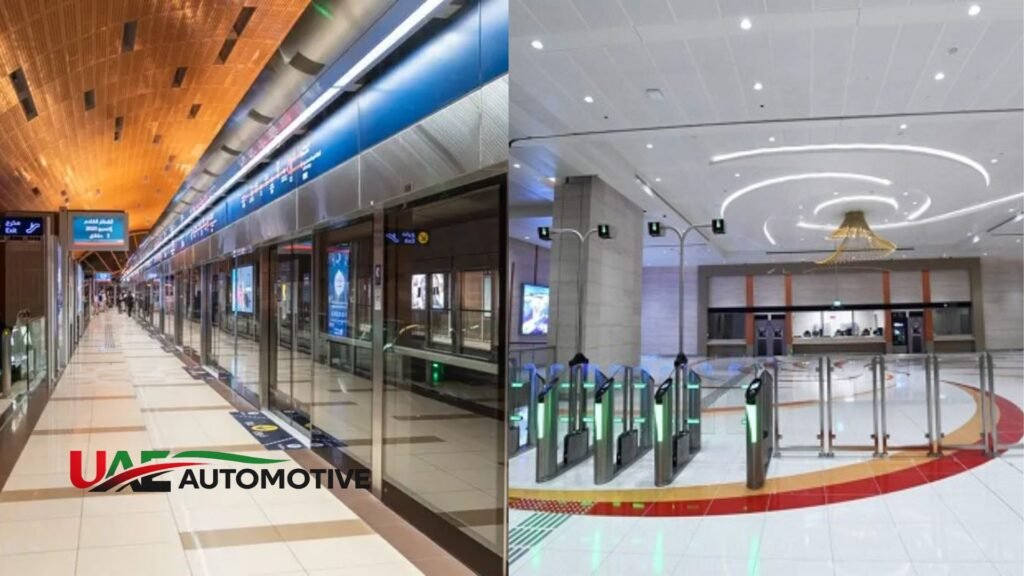 Interior view of Jumeirah Golf Estates Metro Station 2 in Dubai, showing the modern metro platform with platform screen doors on the left and the bright ticketing hall with automated fare gates on the right.