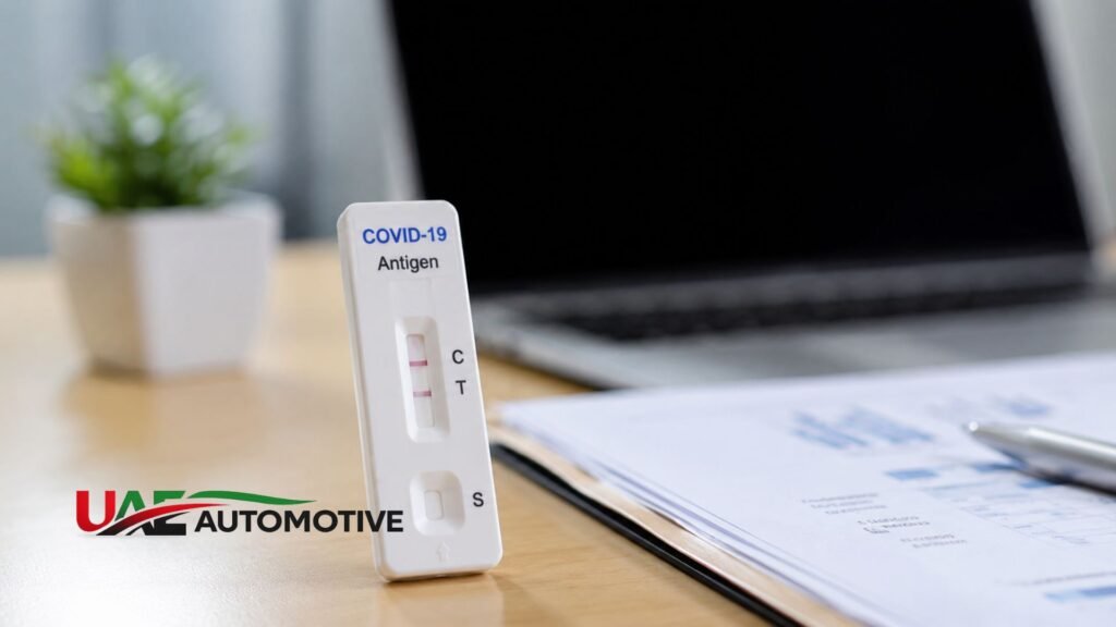 COVID-19 rapid antigen test kit standing on an office desk beside paperwork and a laptop, representing home testing, workplace screening, and antigen test accuracy.