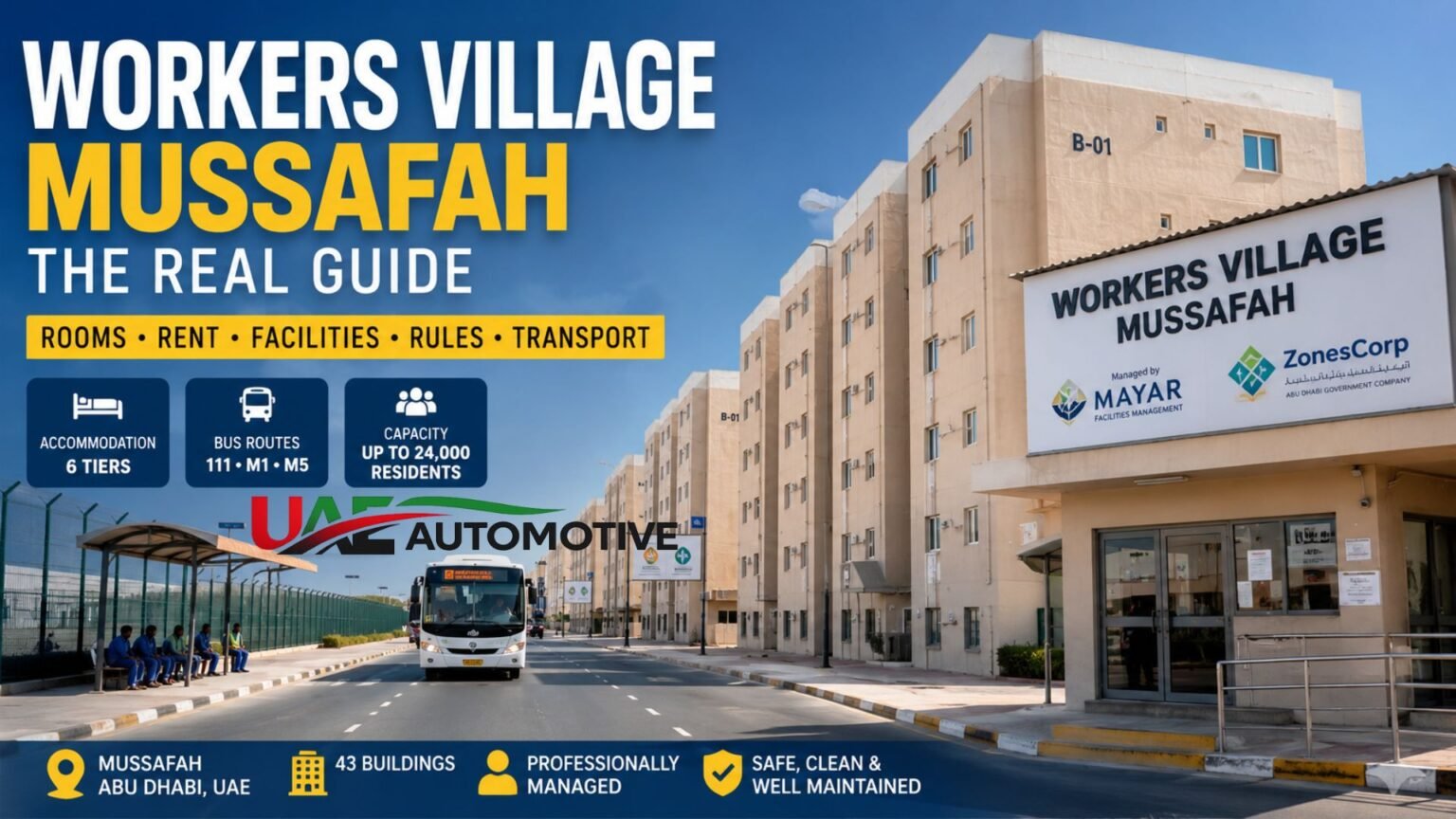 Workers Village Mussafah entrance in Abu Dhabi featuring residential buildings, a public bus, and modern labour accommodation facilities.