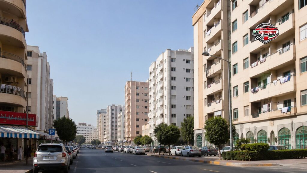 Residential street in Al Yarmook Sharjah with mid-rise apartment buildings, local shops, parked cars, and pedestrians, showcasing everyday community life in a central Sharjah neighborhood.