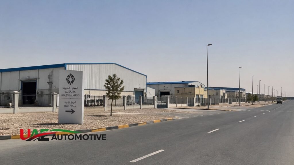 Wide view of Al Sajaa Industrial Oasis in Sharjah showing modern warehouses, fenced industrial units, and a clean roadway with directional signage under a clear sky.