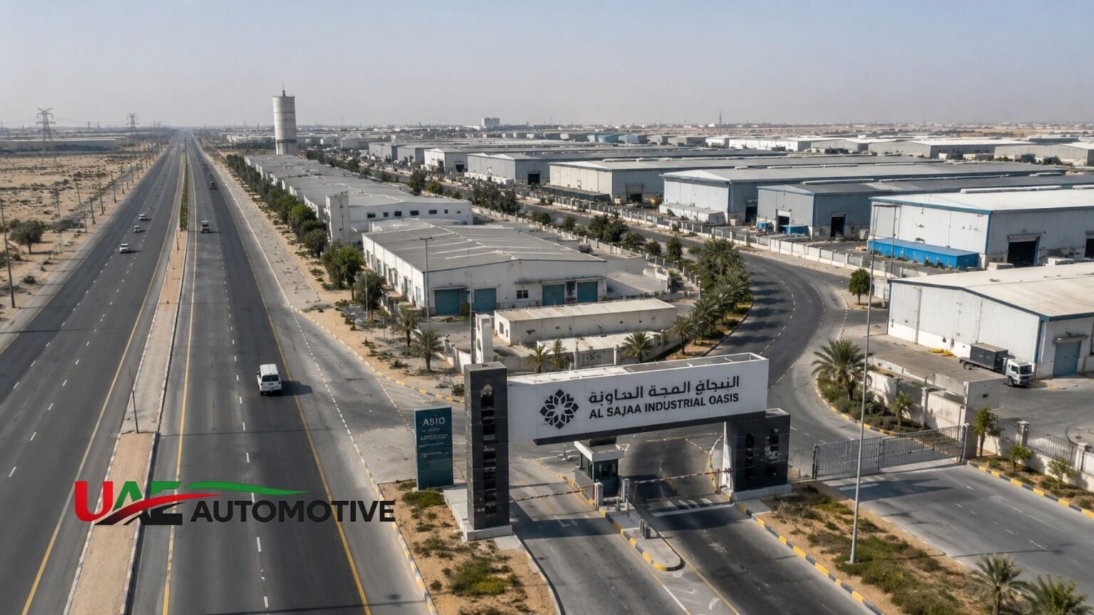 Aerial view of Al Sajaa Industrial Oasis in Sharjah showing the ASIO entrance gate, wide highways, modern warehouses, and surrounding industrial facilities.