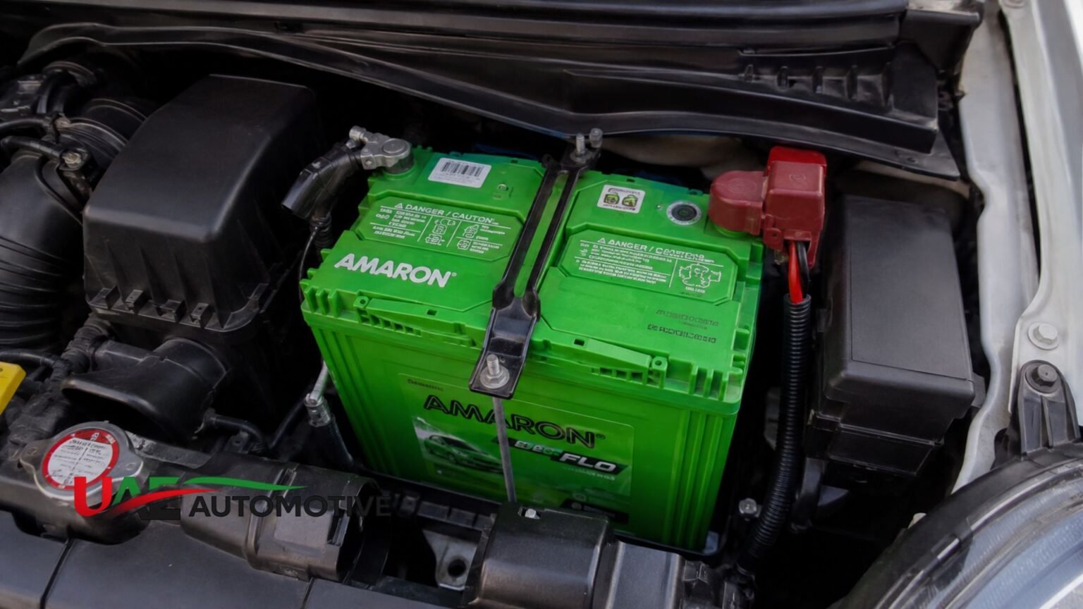 Amaron Car Battery Price in UAE: 2026 Cost Guide Amaron car battery installed inside a vehicle engine bay, showing a clean battery replacement in a modern car.