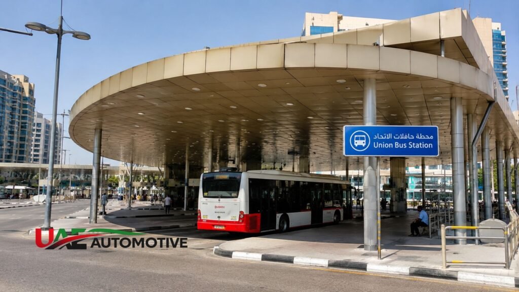Exterior view of Union Bus Station in Dubai showing a modern covered bus terminal, directional signage, and an RTA bus parked at the station entrance.